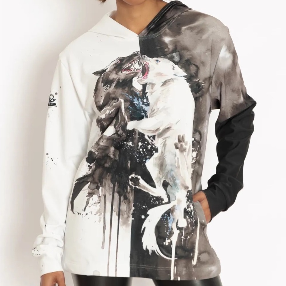 Blackmilk “TWO WOLVES HOODIE SWEATER” Size Large L NWT Lora Zombie Art